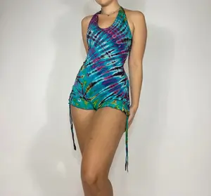 Turquoise Sade Romper - Soft Lace Fabric, Tie Dye Pattern, Adjustable Tie, Soft and Stretchy, Ideal for Womenswear and Bottoms