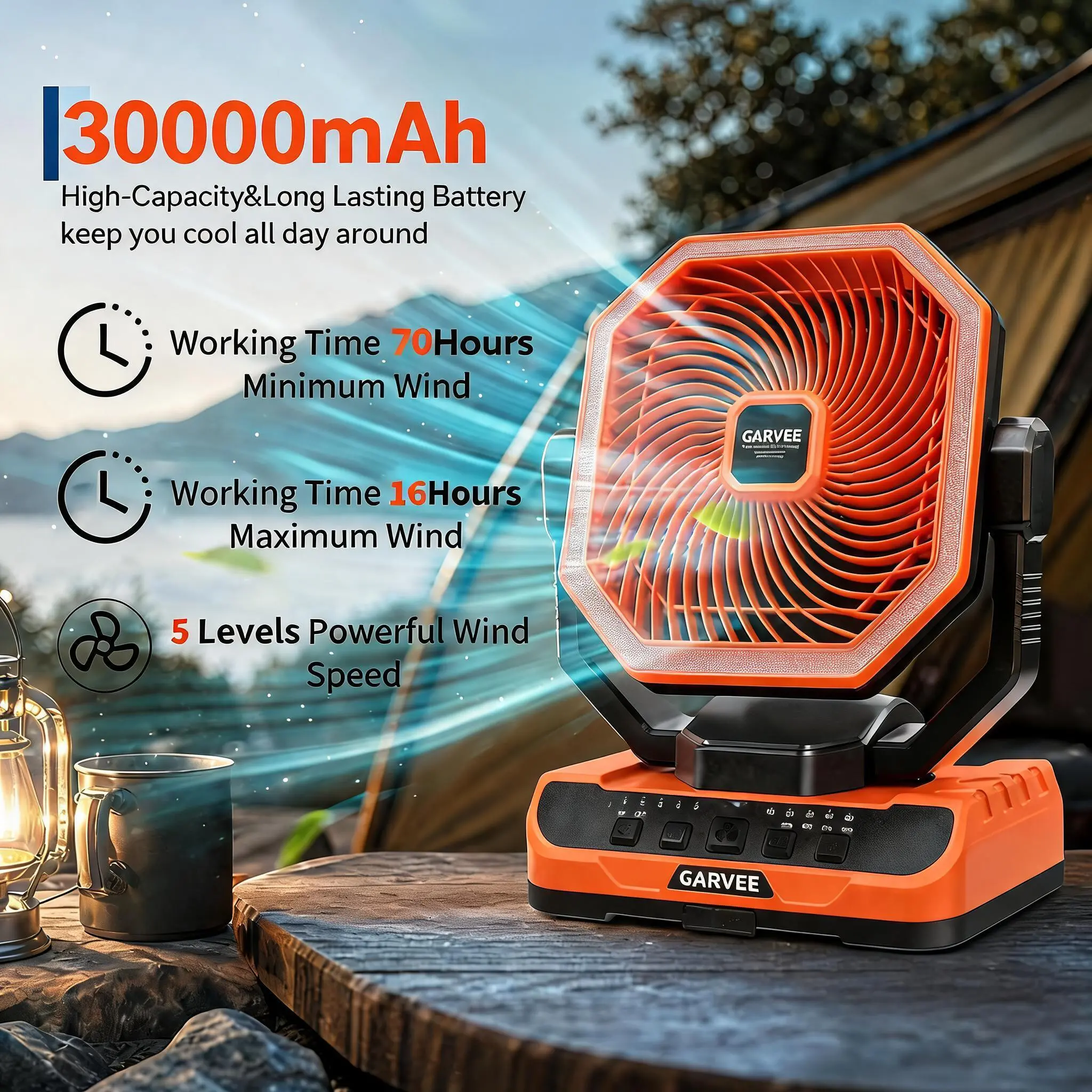 Garvee 30000mAh Rechargeable Camping Fan - Battery Powered, Upgraded Camping Fan with LED Lights & 270° Pivot, 5 Speeds, 360° Hanging Hook, Remote Control Shaking Head Desk Fan for Tent Travel Home Multifunction Outdoor Activities,20ft Remote & Timer
