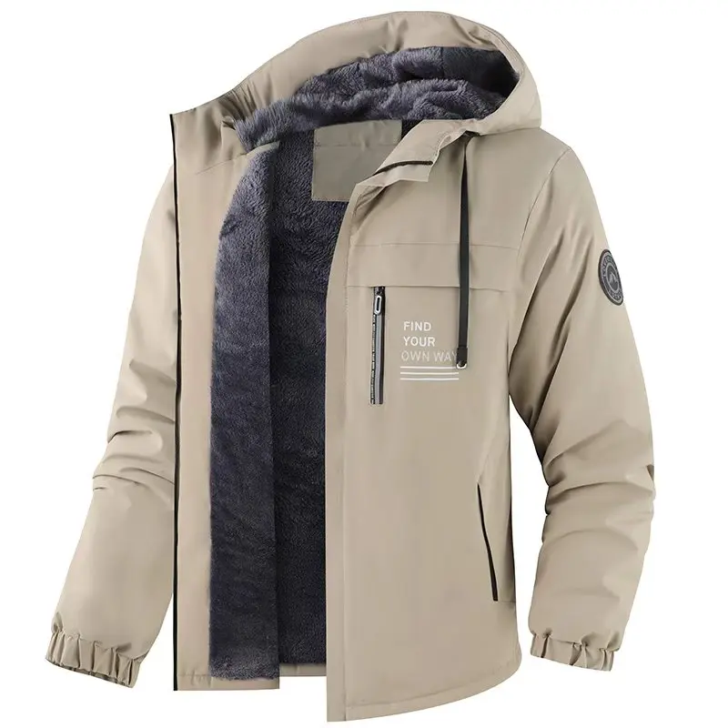 Men’s fleece hooded work jacket for autumn/winter, thickened faux shearling for warmth and wind protection, available in 5 colors, single item