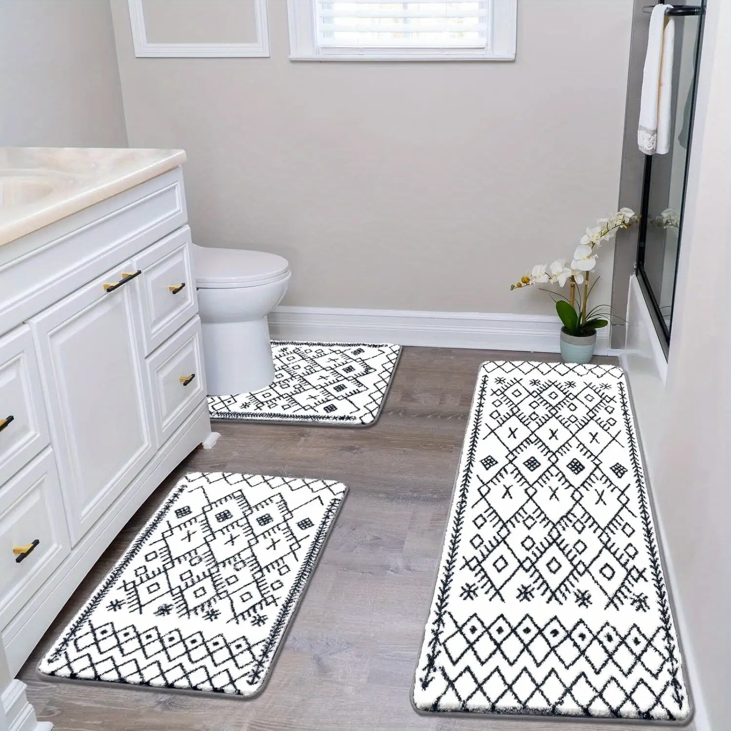 New 3-Piece Oversized Bathroom Rug Set - Ultra Soft Non-Slip Absorbent Microfiber Mats with U-Shaped Toilet Mat Geometric Pattern 2cm Thick 1800g/㎡ Braided Weave - Perfect for Bath Floor
