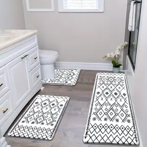 New 3-Piece Oversized Bathroom Rug Set - Ultra Soft Non-Slip Absorbent Microfiber Mats with U-Shaped Toilet Mat Geometric Pattern 2cm Thick 1800g/㎡ Braided Weave - Perfect for Bath Floor