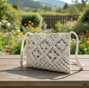 Women's Small Square Woven Gym Shoulder Bag - Cotton Rope & Cotton Thread, Tassel Accent, Handheld & Crossbody Design
