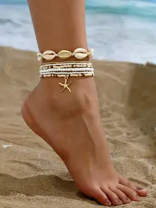 Shell Decor Anklet, Dainty Layered Anklet, Adjustable Anklet, Fashionable Beaded Anklet for Women & Girls, Casual Trendy Body Jewelry for Party, Daily Decor for Birthday Gift, Fashionable Jewelry Accessories