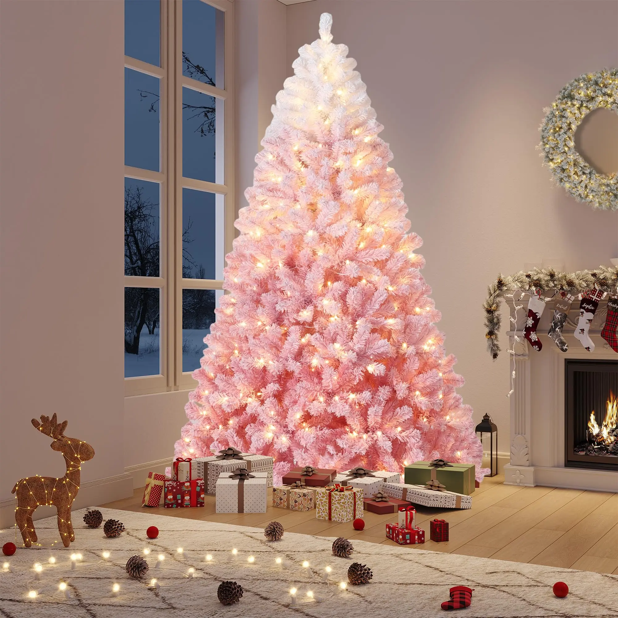 6ft Pink Gradient Snow Frosted Artificial Christmas Tree with 250 Warm White LED Lights, 750 Realistic Branch Tips & Metal Stand for Holiday Decor