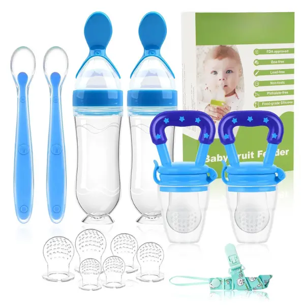 Halloween Gift  Baby Fruit Feeder Pacifier - 6 Pack | 2 Infant Food Pacifier & 2 Baby Food Dispensing Spoon | Fresh Fruit Teethers for Babies | Silicone Feeder Babies,Infant Teething Feeders (Blue)