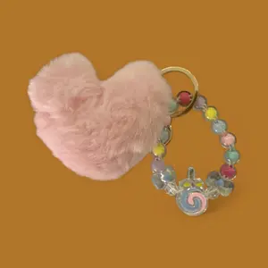 Toddler Wristlet with Pom Pom - Pink Fuzzy Keychain with Colorful Beads and Charm