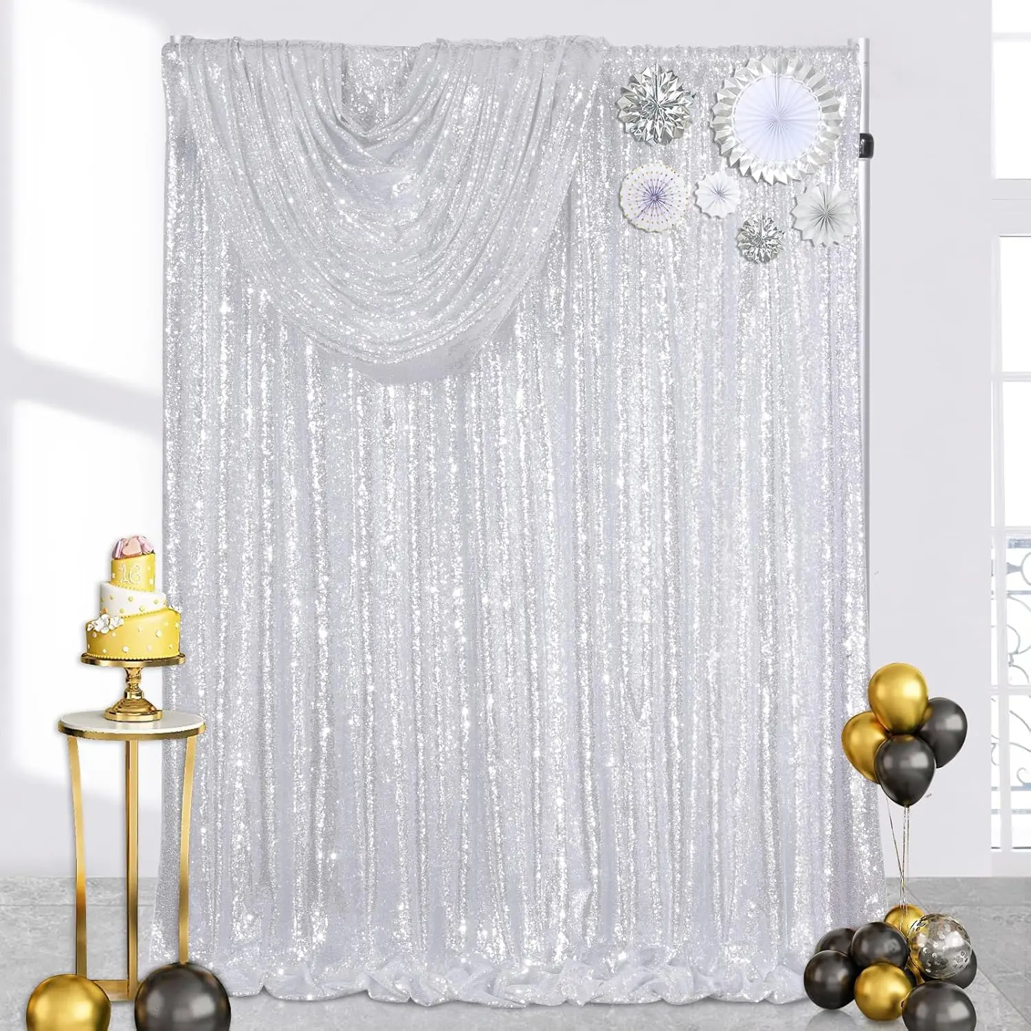 Silver Sequin Backdrop Curtain - 1Pc 4ftx8ft Polyester Sparkly Photo Wall Banner, Christmas Party Decoration Supplies, Sequin Backdrop Decoration for Wedding Events