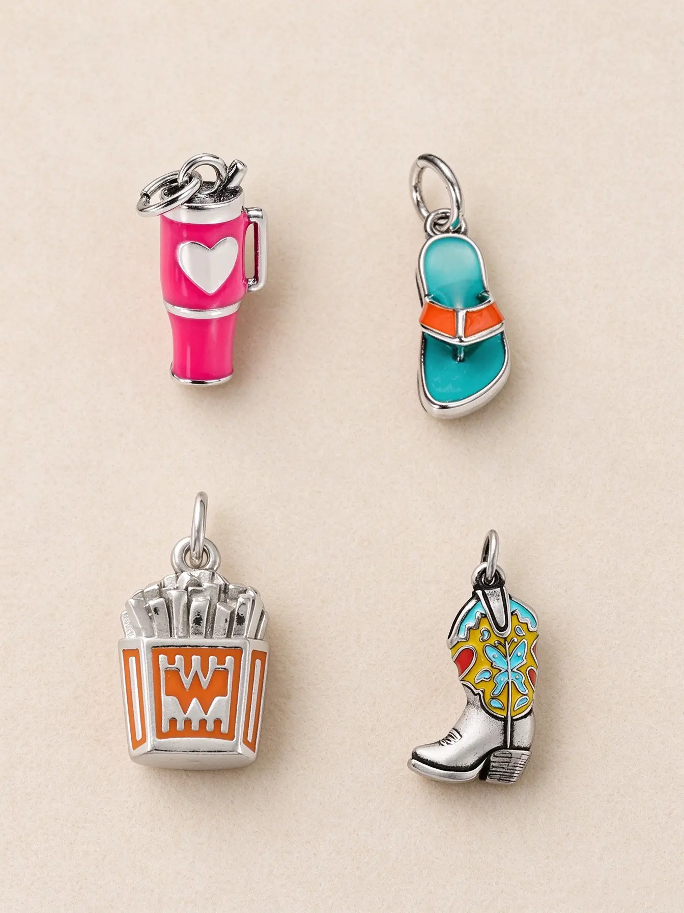 Women's 4-Piece Enamel Costume Charms Set - Love My Cup, Western Boot, Flip-Flop, Whataburger French Fries - DIY Beads Compatible with American Style Bracelets, Necklaces, Jewelry for Women, Handmade Craft Gift