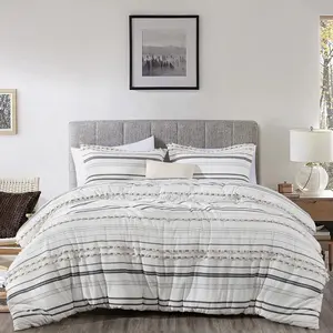 Maru Cotton Clip Jacquard Tufted Pompom Striped Comforter Set with Linen Blended Pillow Cushion