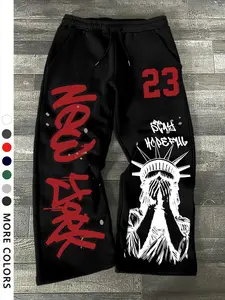 Men's Casual Loose-Fit Jogger Pants, New York Statue Print Drawstring Waistband, All-Season Comfortable Men's Clothing
