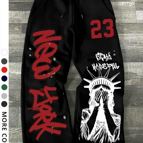 Men's Casual Loose-Fit Jogger Pants, New York Statue Print Drawstring Waistband, All-Season Comfortable Men's Clothing, Baggy Jogging Pants