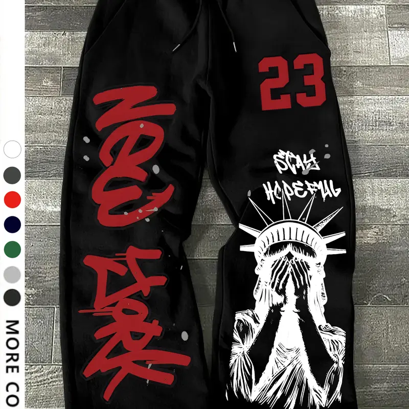 Men's Casual Loose-Fit Jogger Pants, New York Statue Print Drawstring Waistband, All-Season Comfortable Men's Clothing, Baggy Jogging Pants