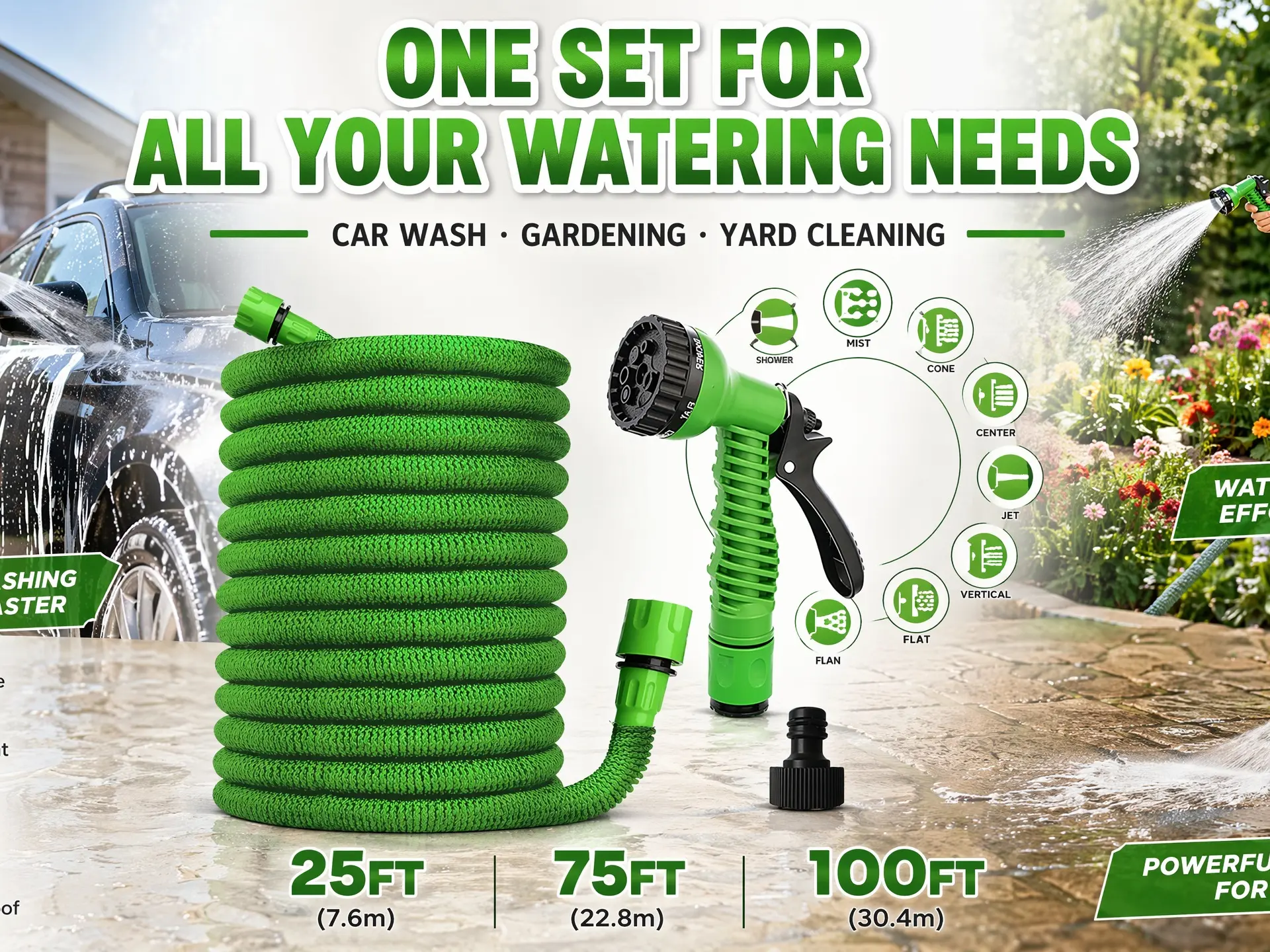 100 ft Expandable-Retractable Hose Handheld Shower Garden Sprinkler Set, 1 Set with 10 Adjustable Spray Patterns for Car Wash & Garden Use