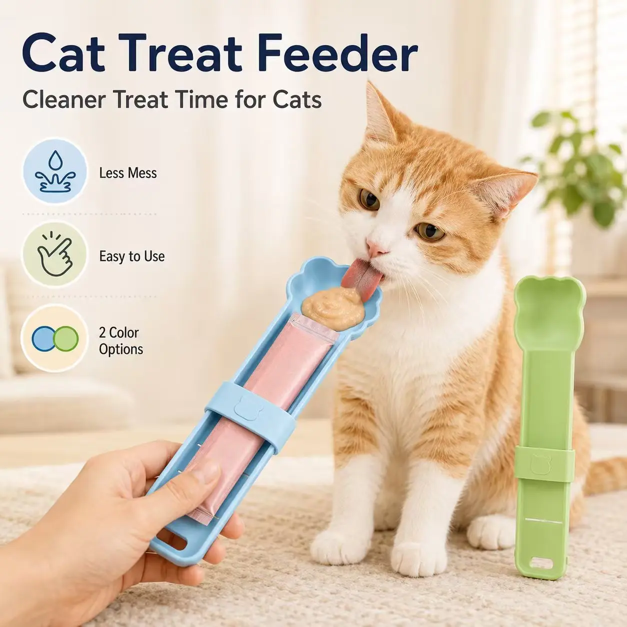 Cat Treat Feeder for Lickable Puree Sticks - Mess-Free Squeeze Spoon with Sliding Pusher, 1-Hand Pet Snack Holder for Training, Travel, Blue or Green