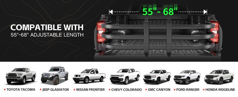 Truck Bed Extender, Aluminum Tailgate Extender, 55"-68" Adjustable Length, Drill Required, Fits for Tacoma, Gladiator, Frontier, Colorado/Canyon, Ranger, Ridgeline Truck Bed Extender, Aluminum Tailgate Extender, 55"-68" Adjustable Length, Drill Required, Fits for Tacoma, Gladiator, Frontier, Colorado/Canyon, Ranger, Ridgeline