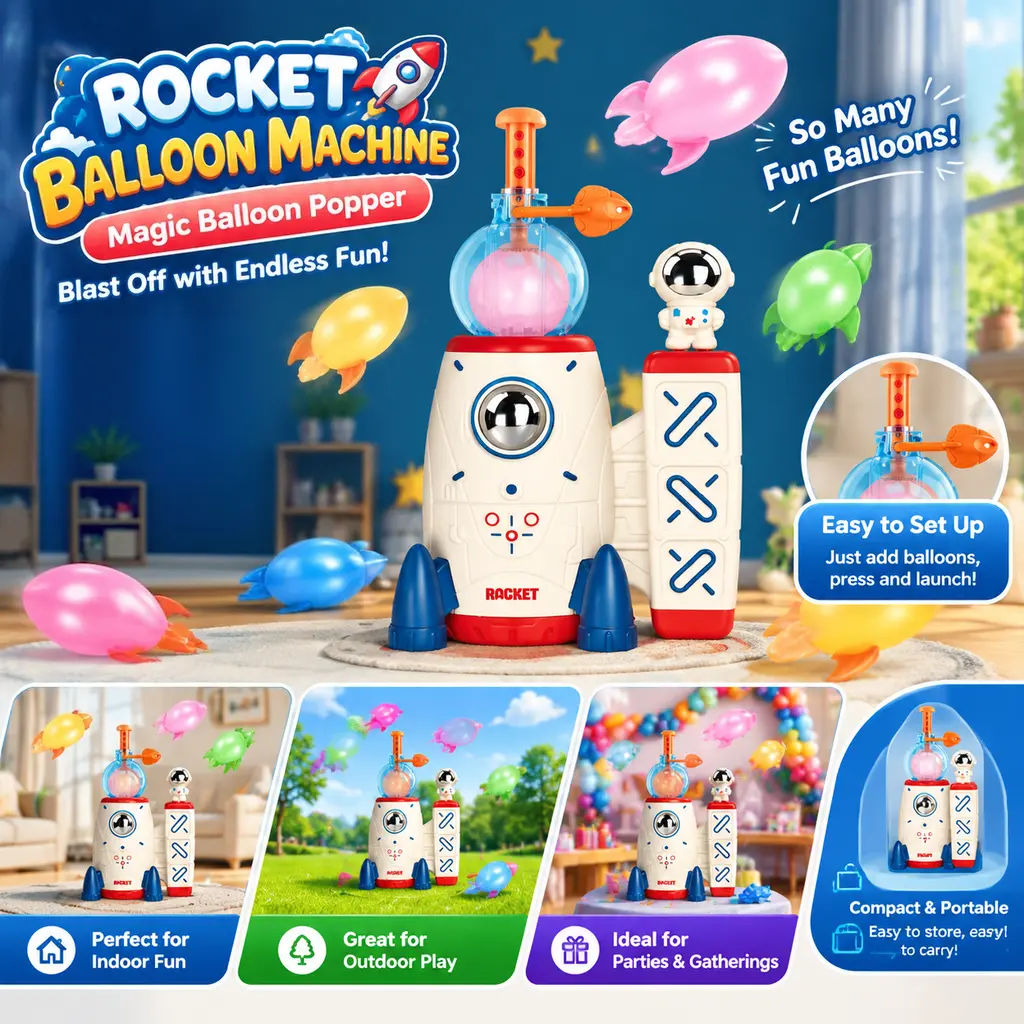 Rocket Balloon Machine , Easy-Setup Interactive Launch Playset, Indoor-Outdoor Activity Toy for Kids’ Party Gatherings