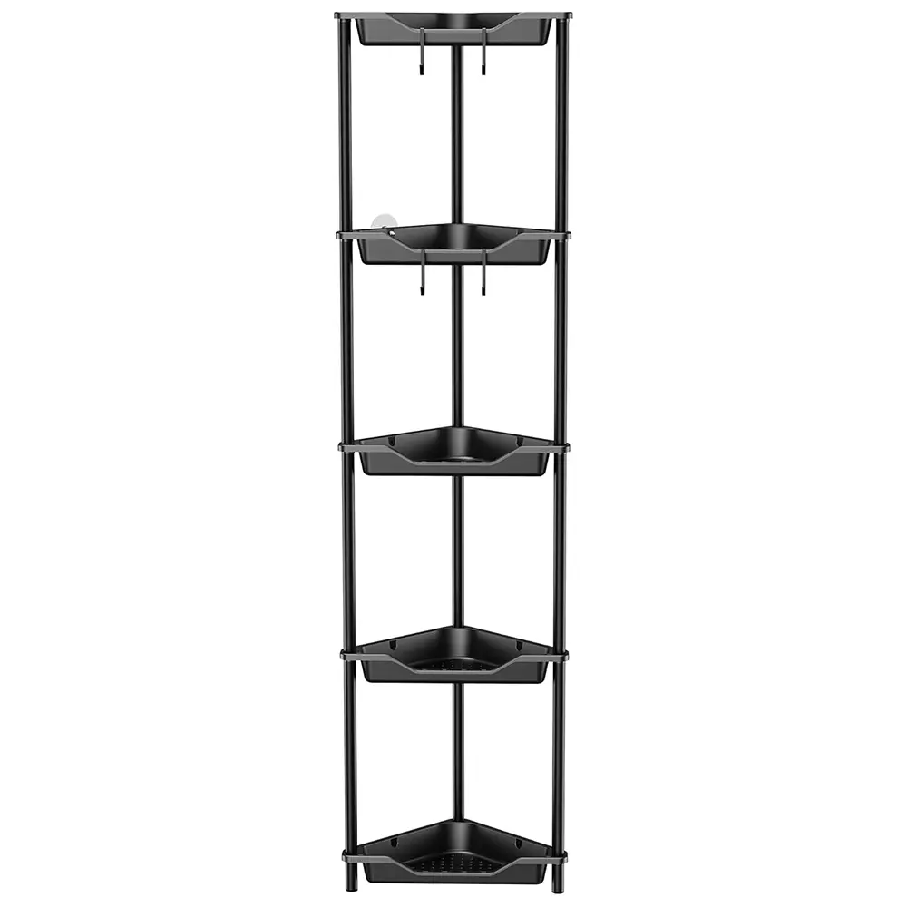 5-Tier Rust-Resistant Stainless Steel & Plastic Adjustable Splicing Freestanding Corner Bathroom Shelf with Space-Saving Design, Durable Waterproof Floor-Mount Organizer for Bathroom Upgrade