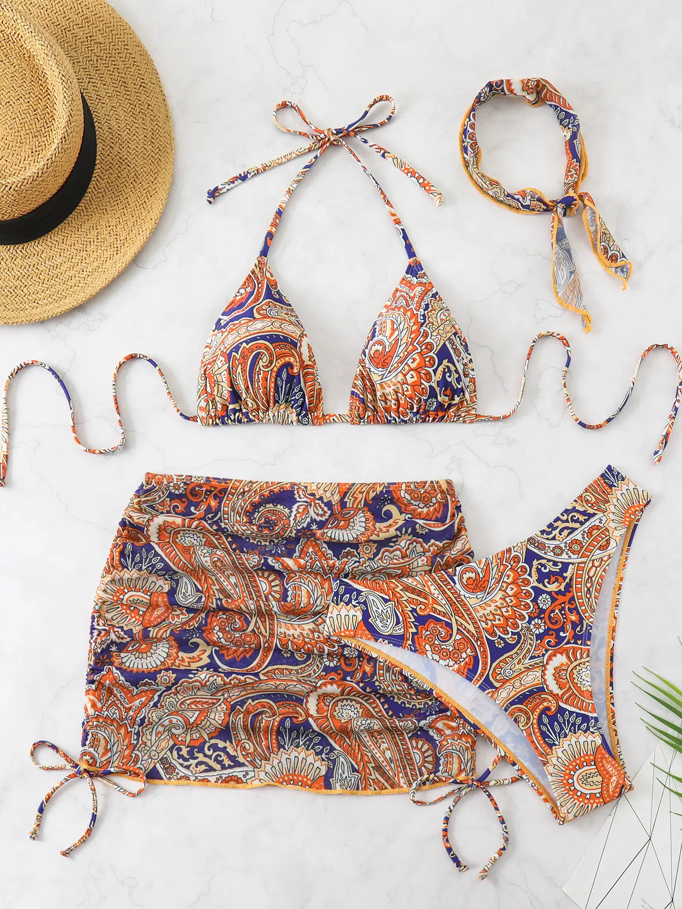 Women’s Paisley Print 4 Piece Bikini Set, Halter Triangle Top Tie Side High Cut Bottom With Wrap Skirt And Headband Swimwear for Beach Resort Holiday