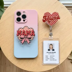 Retro Mama Badge Reel Badge Reel and Phone Grip, Groovy Pink Bow Pop Socket and ID Name Tag Holder, Happy Mother's Day Accessories Gift For Mom