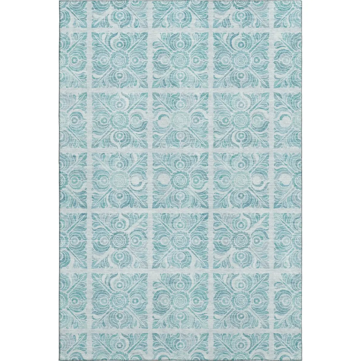 HomeRoots 667805 8x10 ft. Turquoise & Ivory Medallion Transitional Washable Machine-Made Rectangular Area Rug with UV Protection, Turquoise Area Rugs, Rectangular Area Rugs