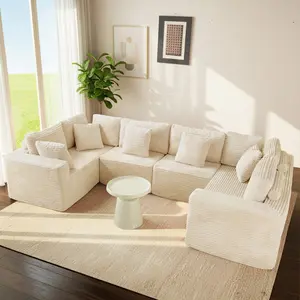 Aobtkel®135.5" Beige Corduroy Modular Sectional Sofa: 6-Seater U-Shaped Couch with Reversible Chaise Lounge, Freely Configurable for Small Apartments/Living Rooms (Easy to Assemble)