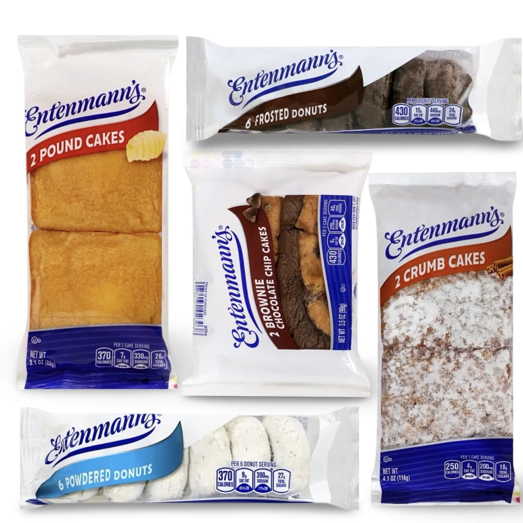 Entenmann's Cakes Variety Single Serve 5 Pack, Includes Crumb Cake, Pound Cake, Donuts and Brownie Bars Snack Chocolate
