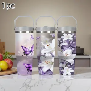 30oz Insulated Tumbler with Handle | Purple Butterfly & White Lily Floral Print | Stainless Steel Vacuum Travel Mug Flasks | Keep Drinks Hot & Cold | Perfect Gift for Flower Lovers, Women, Nature Enthusiasts, Drinkware
