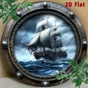 2D Pirate Ship Through Porthole - Decorative Ocean Storm Sign for Room Decor