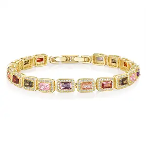 Colorful Dopamine Square Zircon Bracelet Women's Minimalist High-End Full Diamond Hand Jewelry Gold Plated Multi-Color CZ Tennis Bracelet