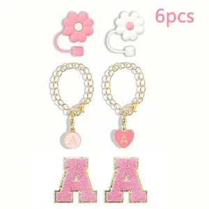 6pcs Letter Pendant Accessories Set Daisy Flower Straw Covers Personalized Handle Charms Suitable for Various Water Cups