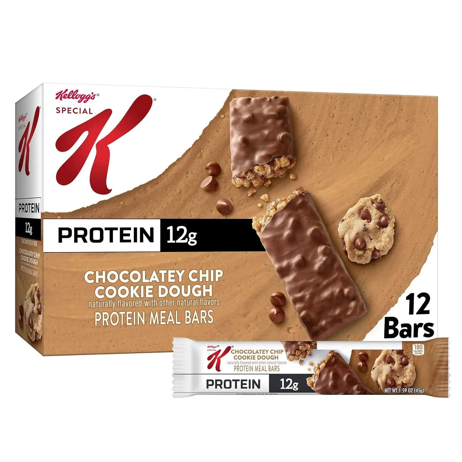 K Bar Protein Meal Bars, 12g Protein Snacks, Meal Replacement, Chocolatey Chip Cookie, 19oz Box (12 Count)