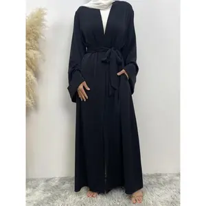 Arabic Clothing-solid Kimono Sleeve Belted Pocket Wrap Abaya, Modest Chic V Neck Long Sleeve Abayas, Women's Islamic Clothing for Spring & Fall��gift��