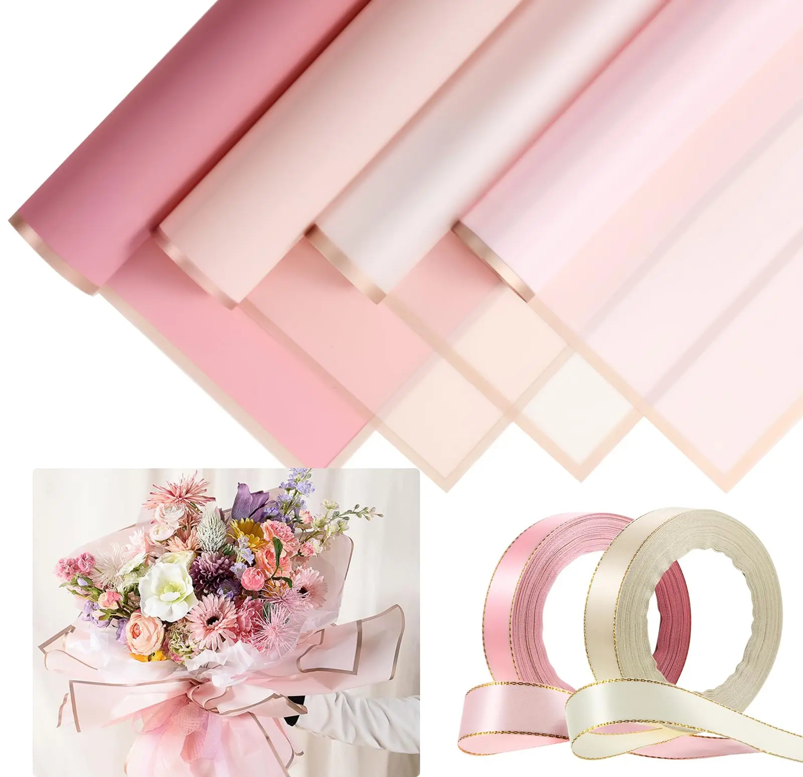 20 Sheets Thickened Waterproof Floral Wrapping Paper (23.6x23.6in) with 2 Ribbons - Gold-line Shine, Luxurious Frosted Texture, Moisture Shield, Damage Protection for DIY Home Decor, Birthday Surprise Adds High-end Touch Complete Packaging Solution