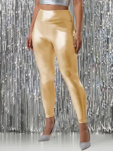 Women's High Waist Silver Color Embellished Tight-Fitting Pants Leggings, Elegant Fall Winter New Arrival, Comfortable & Stylish Design