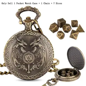 7 Mini Size Metal Polyhedral Dice with Antique D20 Wand Double Dragon Heads Pocket Watch Case plus Pendant Chain, Indoor Entertainment Board Gaming Dice,Tabletop Rpg Accessories,Gift for Gamers