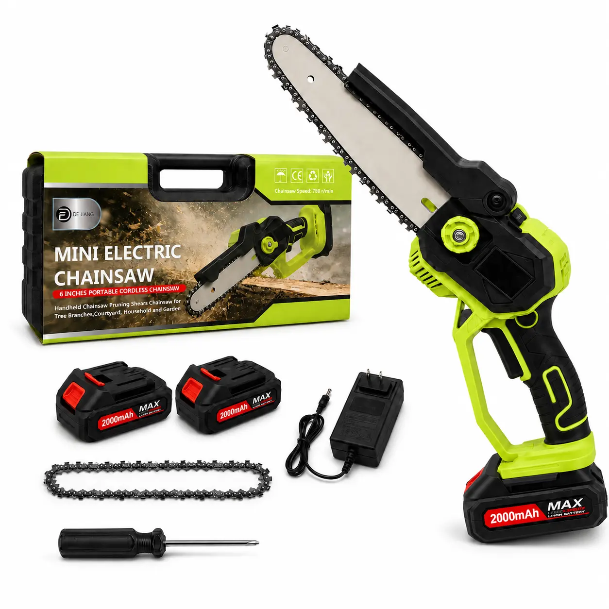 [2026 Upgraded] 6-Inch Mini Chainsaw Cordless with 2 x 2000mAh Batteries, Portable Handheld Electric Pruning Saw with Spare Chain, Charger and Carrying Case for Tree Trimming, Branch Cutting and Garden Work