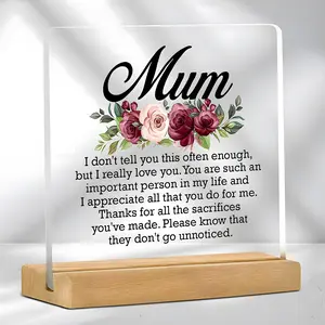 Floral & Letter Pattern Acrylic Desk Plaque with Wooden Base, 1 Count Thank You Gift for Mom, Acrylic Home & Office Decoration, Unique Gifts for Mom, Ornaments, Acrylic Plaque Sign