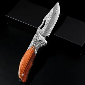 Pocket Kitchen Damascus Steel Folding Fruit Knife with Lock-free Design, Exquisite Craftsmanship Multi-functional Knife with Comfortable Wooden Handle