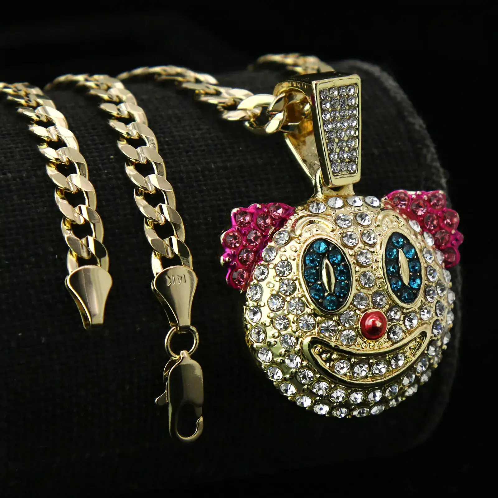 MaxBling81 Fashion Necklace - Unisex Hip Hop Gold-Plated Iced Clown Pendant with Cubic Zirconia, 6mm Cuban Link Chain (20"/24"), Sparkling Rhinestone Style, Chain & Link, 30Mm X 30Mm
