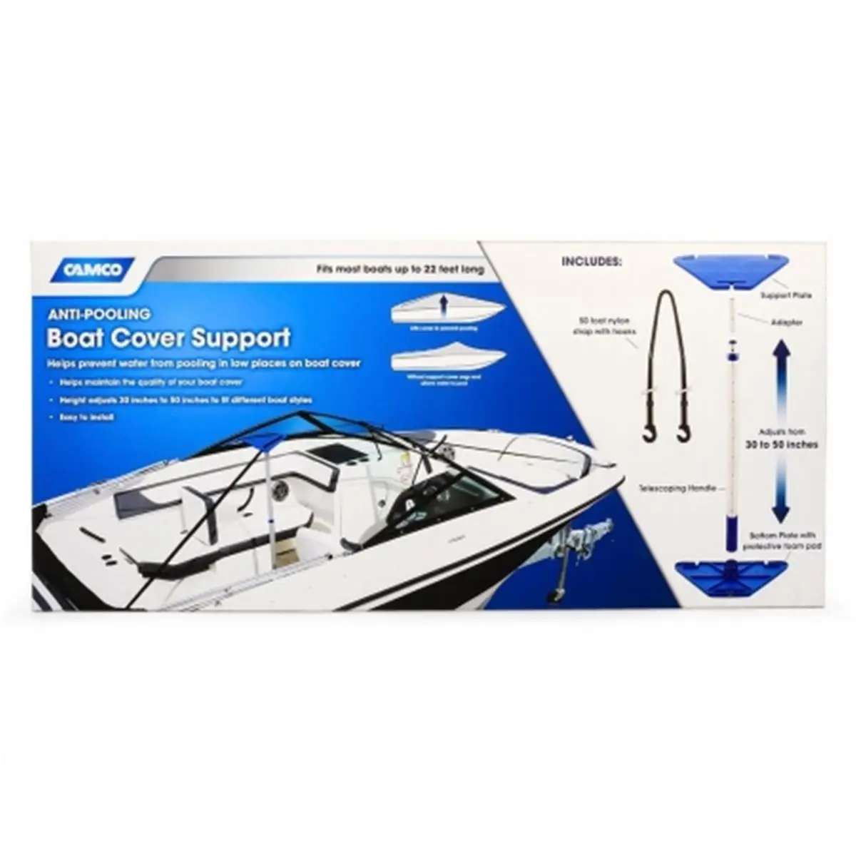 CAMCO Boat Cover Support, Self-Standing Telescoping Support System with 50ft Nylon Straps & Foam Pad to Prevent Sliding, Anti-Pooling, Height Adjustable 30"-50" for Boats up to 22'