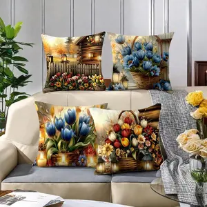 Flower & House Pattern Cushion Cover, 4 Counts/set Square Throw Pillow Cover, Household Decoration Supplies for Home Living Room Bedroom