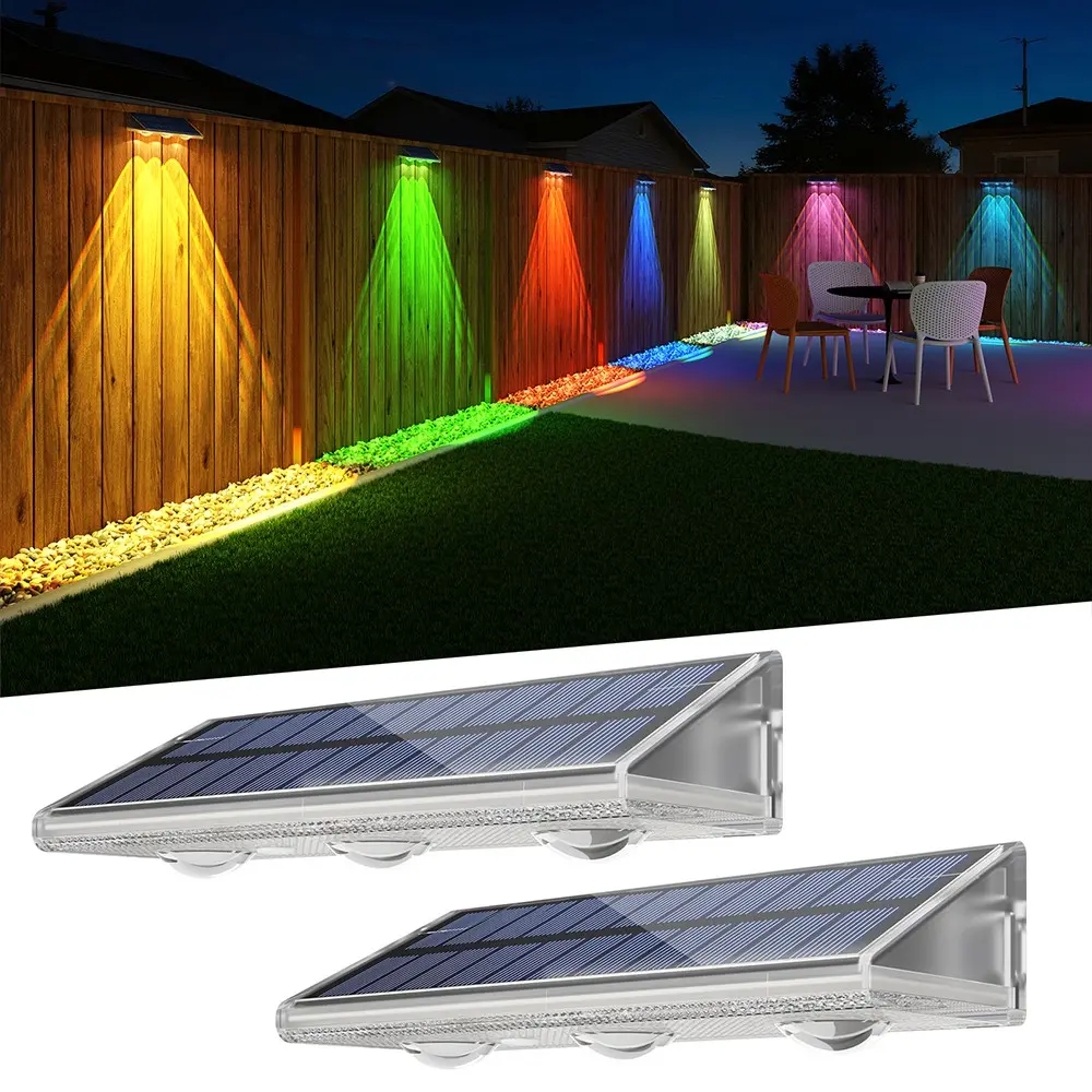Outdoor solar wall washer, Solar Powered Lighting, solar fence light, Warm White&RGB 6 Color Modes, Auto On/Off, IP67 waterproof solar light, dusk to dawn fence lighting, 2000mAh solar fence light, lithium battery Patio Lighting