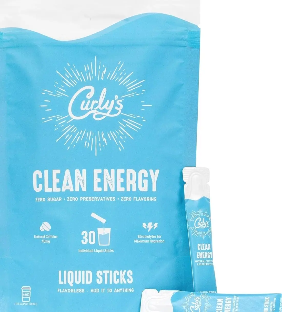 Curly's Clean Energy Caffeine & Electrolyte Sticks - Energize Your Favorite Drink - Keto, Paleo & Whole 30 Friendly - All Natural - No Sugar, No Calories, Non-GMO - 30 Flavorless Liquid Stick Packs
