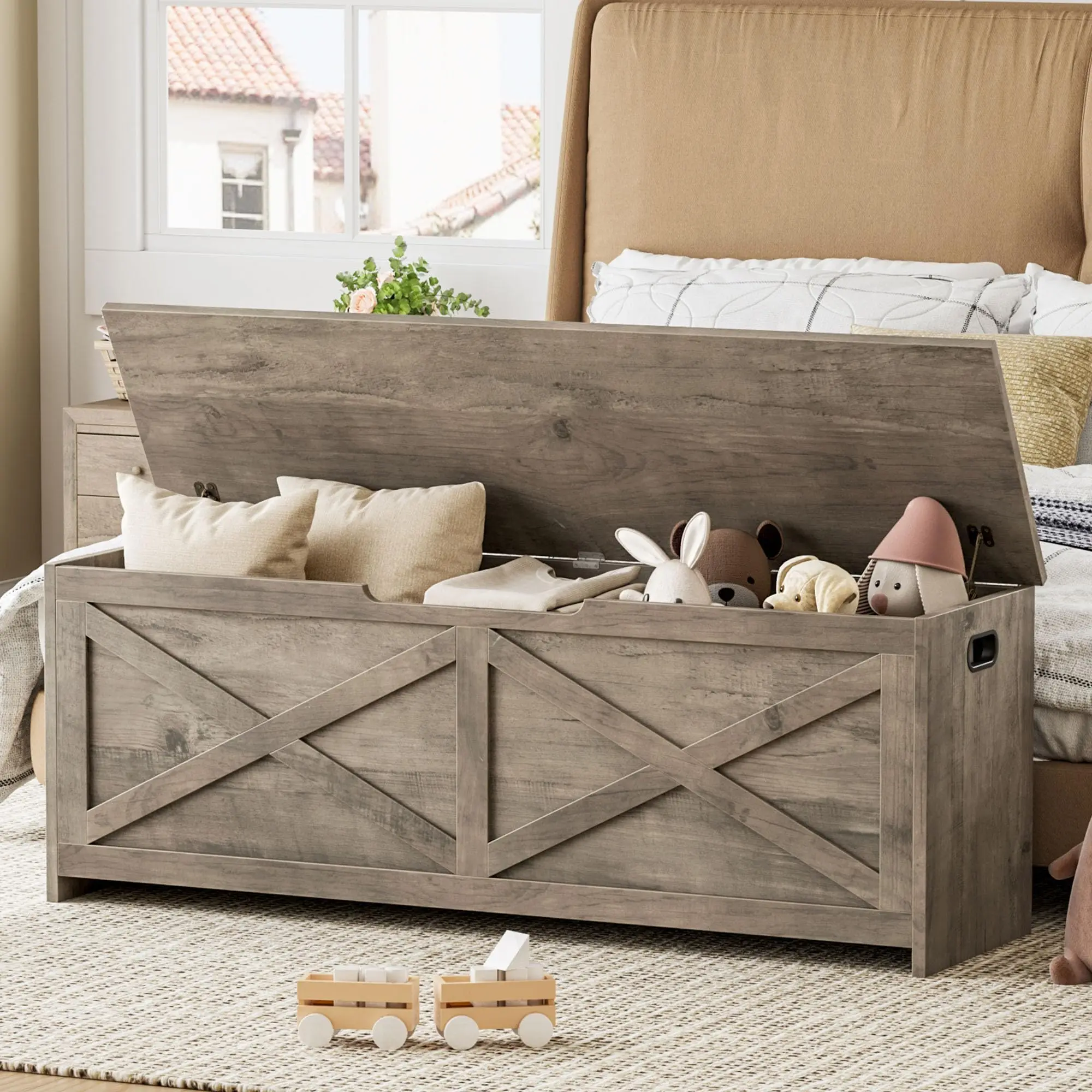 120cm Country Style Toy Storage Bench, Rustic Wooden Chest with Safety Hinges, 136kg Capacity, Multipurpose Home Organizer