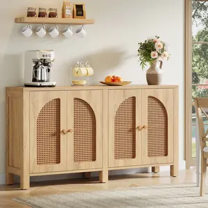 LITTLE TREE Sideboard Buffet Cabinet, 59" Rattan Credenza Kitchen Storage Buffet Cabinet with 4 Doors, Long Farmhouse Coffee Bar Station Table for Dining Room, Kitchen