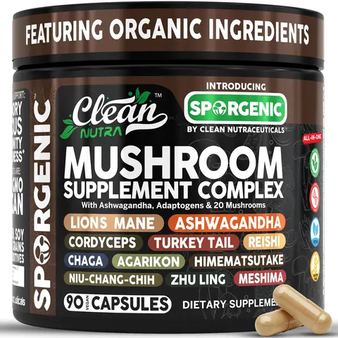 Clean Nutra Ashwagandha, Adaptogens & 20 Mushrooms, Lion's Mane, Ashawagandha, Cordyceps & More for Enhanced Focus, Energy & Stress Relief Capsules – Sporgenic