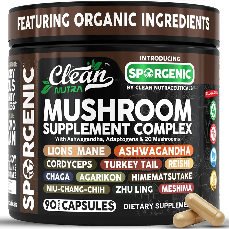 Clean Nutra Ashwagandha, Adaptogens & 20 Mushrooms, Lion's Mane, Ashawagandha, Cordyceps & More for Enhanced Focus, Energy & Stress Relief Capsules – Sporgenic
