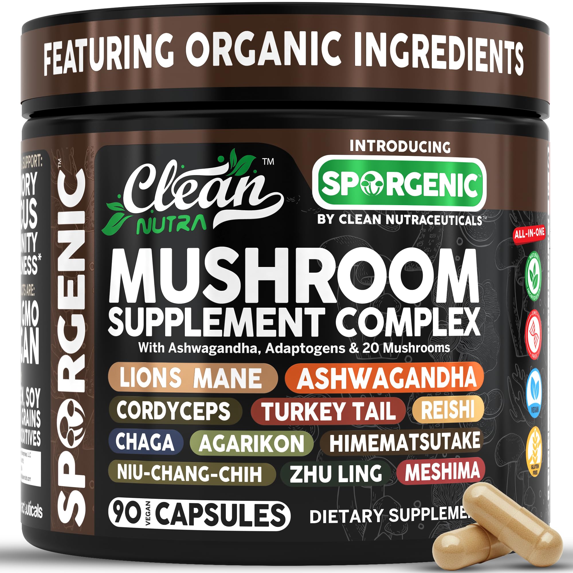 Clean Nutra Ashwagandha, Adaptogens & 20 Mushrooms, Lion's Mane, Ashawagandha, Cordyceps & More for Enhanced Focus, Energy & Stress Relief Capsules – Sporgenic