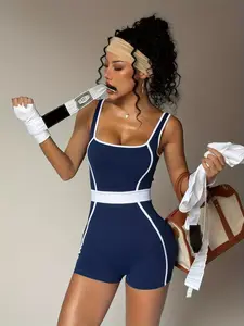 Women's Colorblock Sporty Jumpsuit, Summer Casual Wear, Comfortable Fashion Design, Perfect for Daily Use, Stylish All-In-One, Workout Jumpsuit, Sporty Comfy Jumpsuit