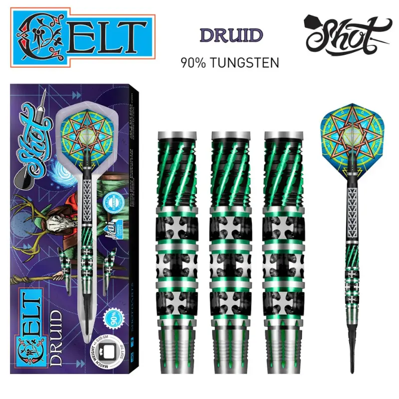 Shot Darts Celt Druid Soft Tip Darts Sets, 90% Tungsten Pencil Barrels with Green & Black Titanium Coating and Rebellion & Alchemy Grips